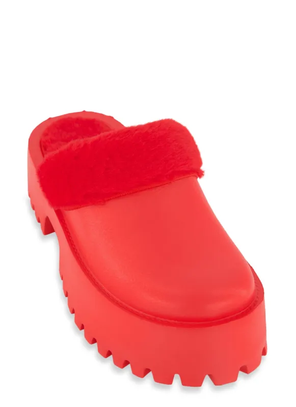 Lug Sole Fur Trim Platform Slide Clogs sold by Rainbow