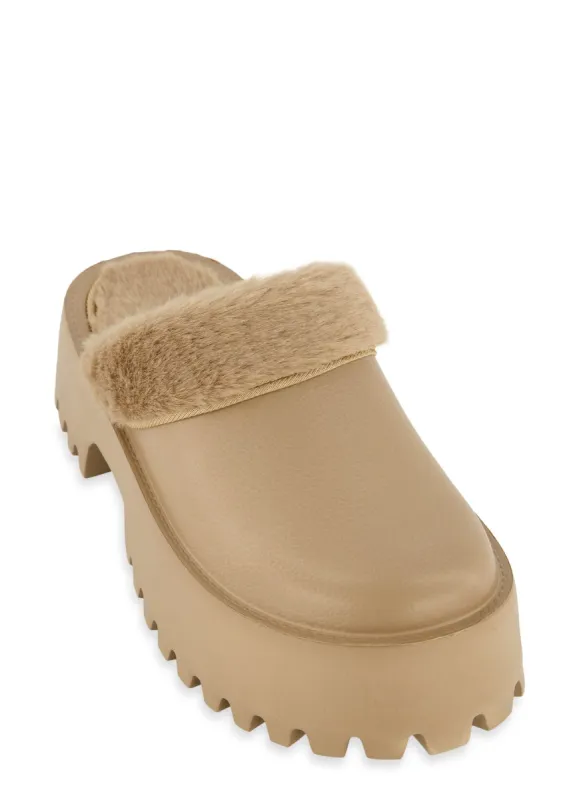 Lug Sole Fur Trim Platform Slide Clogs sold by Rainbow