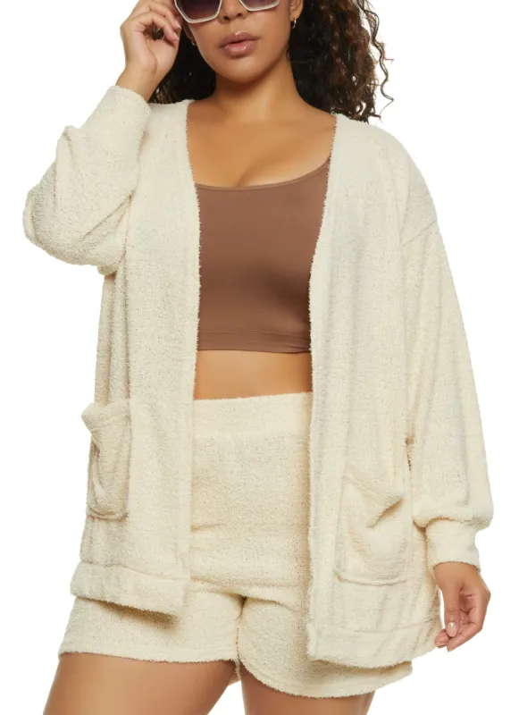 Plus Size Cozy Eyelash Knit Pocket Cardigan sold by Rainbow
