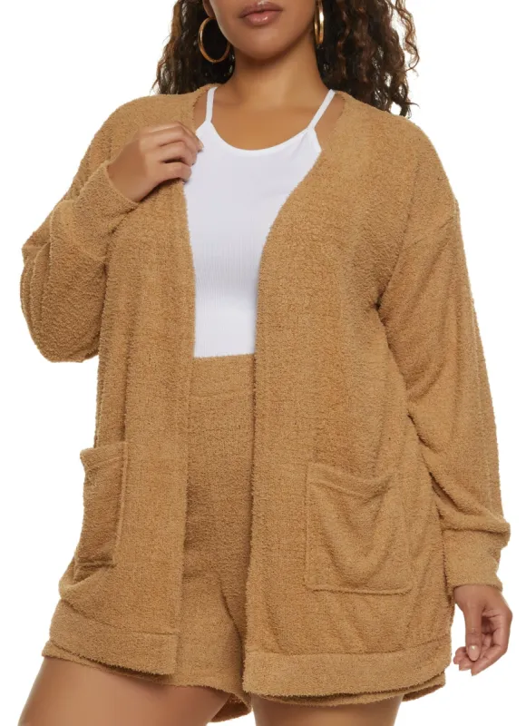Plus Size Cozy Eyelash Knit Pocket Cardigan sold by Rainbow
