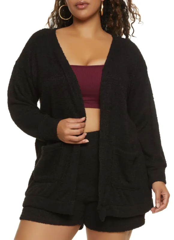Plus Size Cozy Eyelash Knit Pocket Cardigan sold by Rainbow