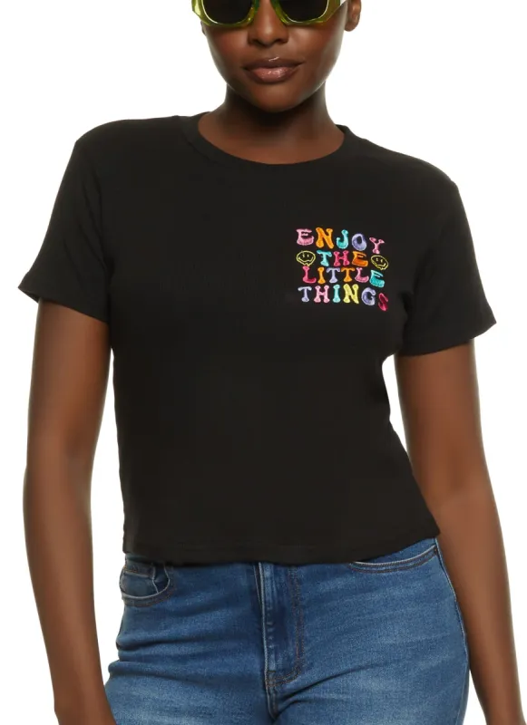 Enjoy The Little Things Rainbow Embroidered Graphic Tee sold by Rainbow