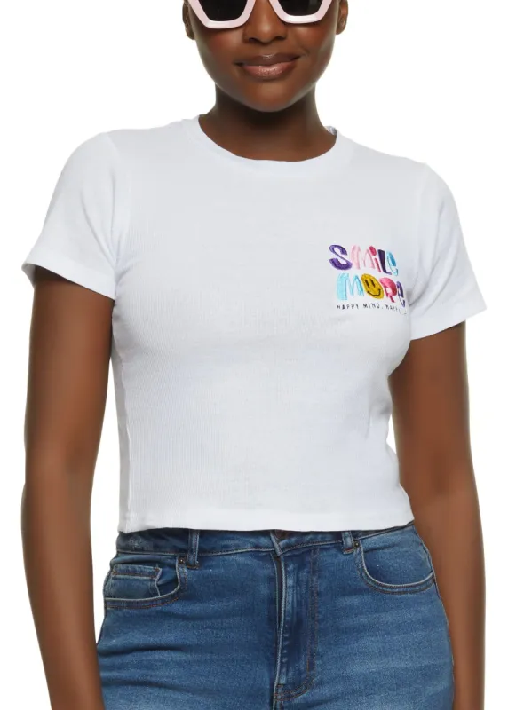 Smile More Embroidered Graphic Tee sold by Rainbow