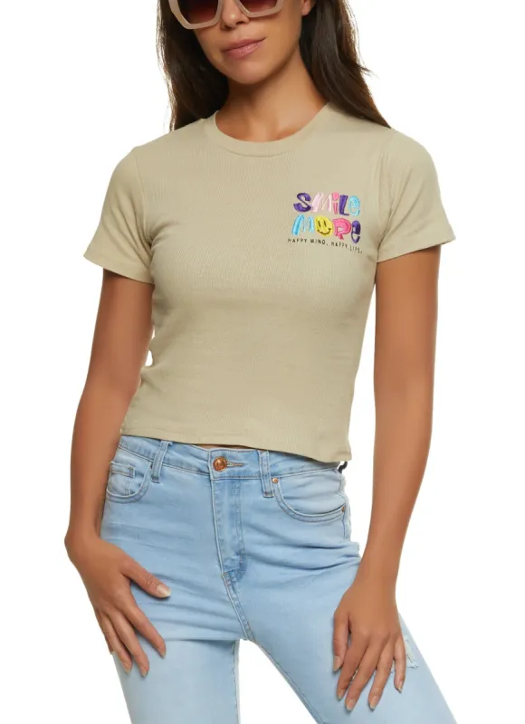 Smile More Embroidered Graphic Tee sold by Rainbow