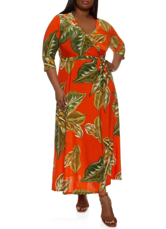 Plus Size Leaf Print Faux Wrap Maxi Dress sold by Rainbow