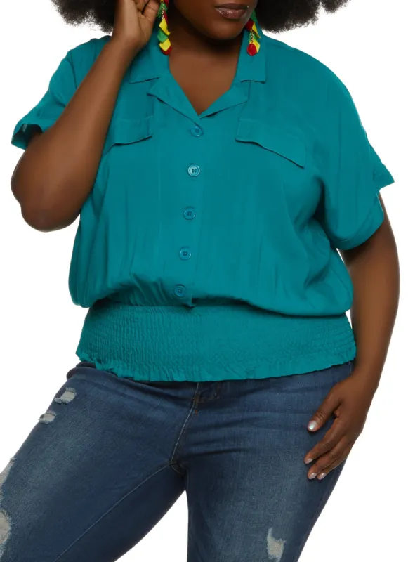 Plus Size Smocked Waist Button Front Blouse sold by Rainbow