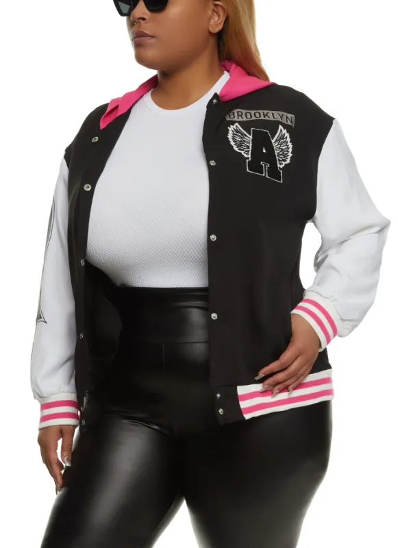 Plus Size Brooklyn A Graphic Patch Hooded Varsity Jacket sold by Rainbow