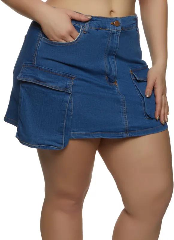 Plus Size Denim Cargo Pocket Mini Skirt sold by Rainbow