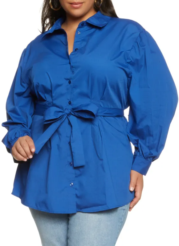 Plus Size Poplin Button Front Tie Waist Shirt sold by Rainbow