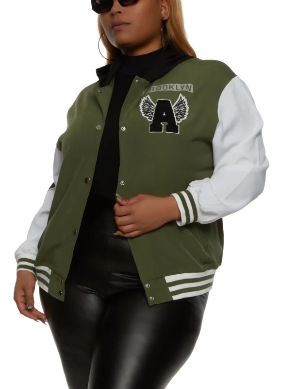 Plus Size Brooklyn A Graphic Patch Hooded Varsity Jacket sold by Rainbow
