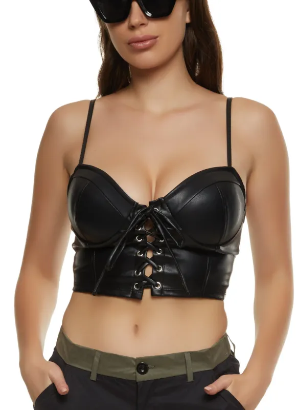 Faux Leather Lace Up Front Bustier Top sold by Rainbow