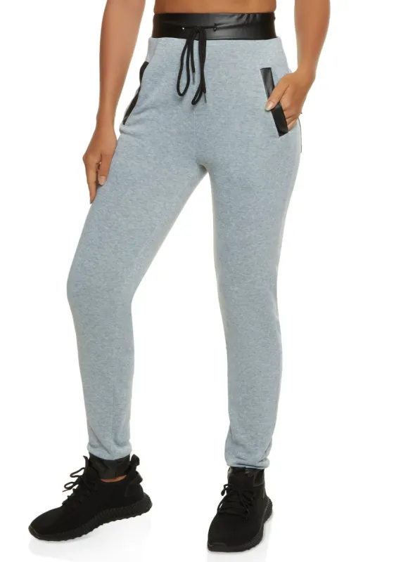 Faux Leather Detail Fleece Joggers sold by Rainbow