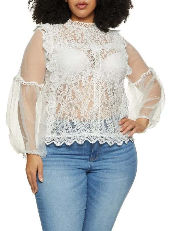 Plus Size Balloon Sleeve Lace Blouse sold by Rainbow