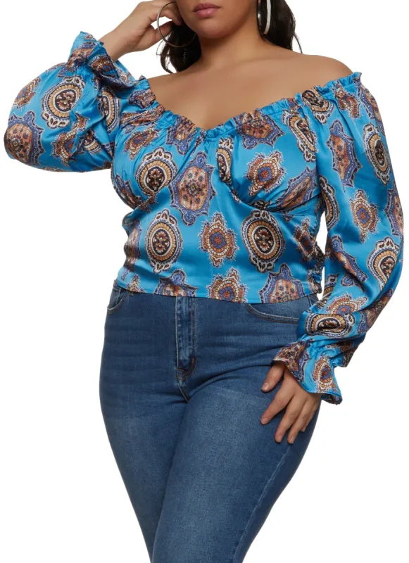 Plus Size Printed Smocked Back Off the Shoulder Blouse sold by Rainbow