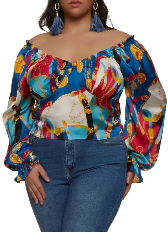 Plus Size Printed Smocked Back Off the Shoulder Blouse sold by Rainbow