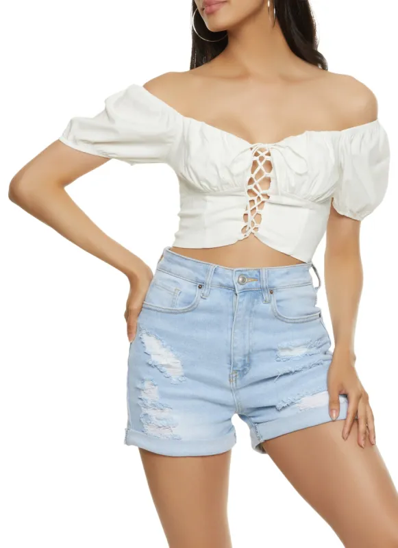 Lace Up Puff Sleeve Peasant Top sold by Rainbow