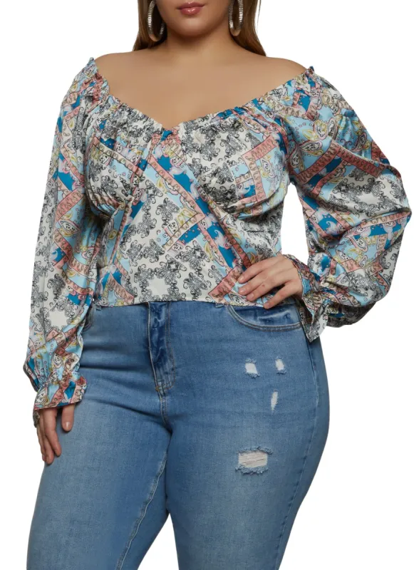 Plus Size Printed Smocked Back Off the Shoulder Blouse sold by Rainbow