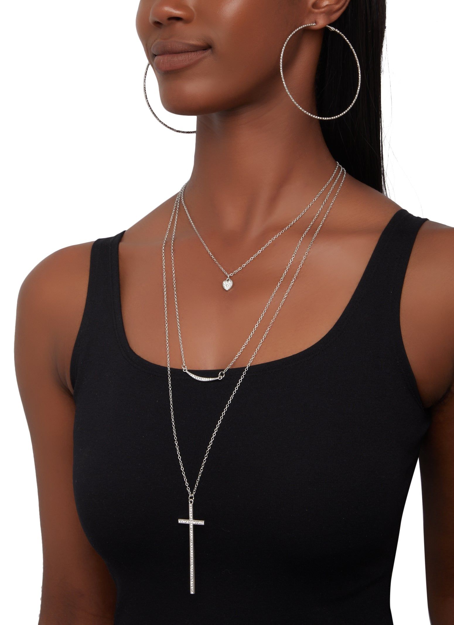 Rhinestone Cross Chain Layered Necklace and Hoop Earrings sold by Rainbow product image thumbnail 2