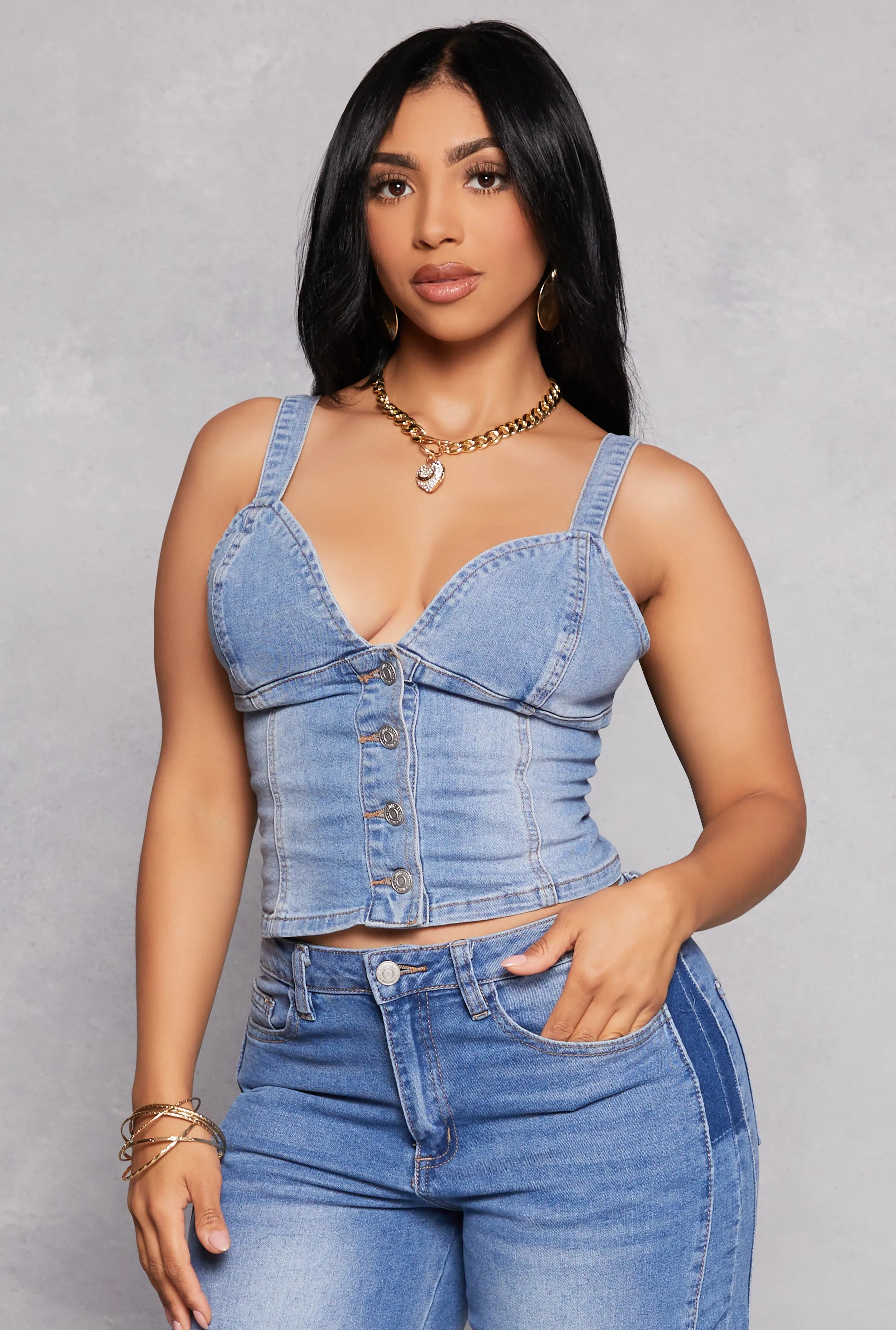 Almost Famous Button Front Denim Bustier Top sold by Rainbow