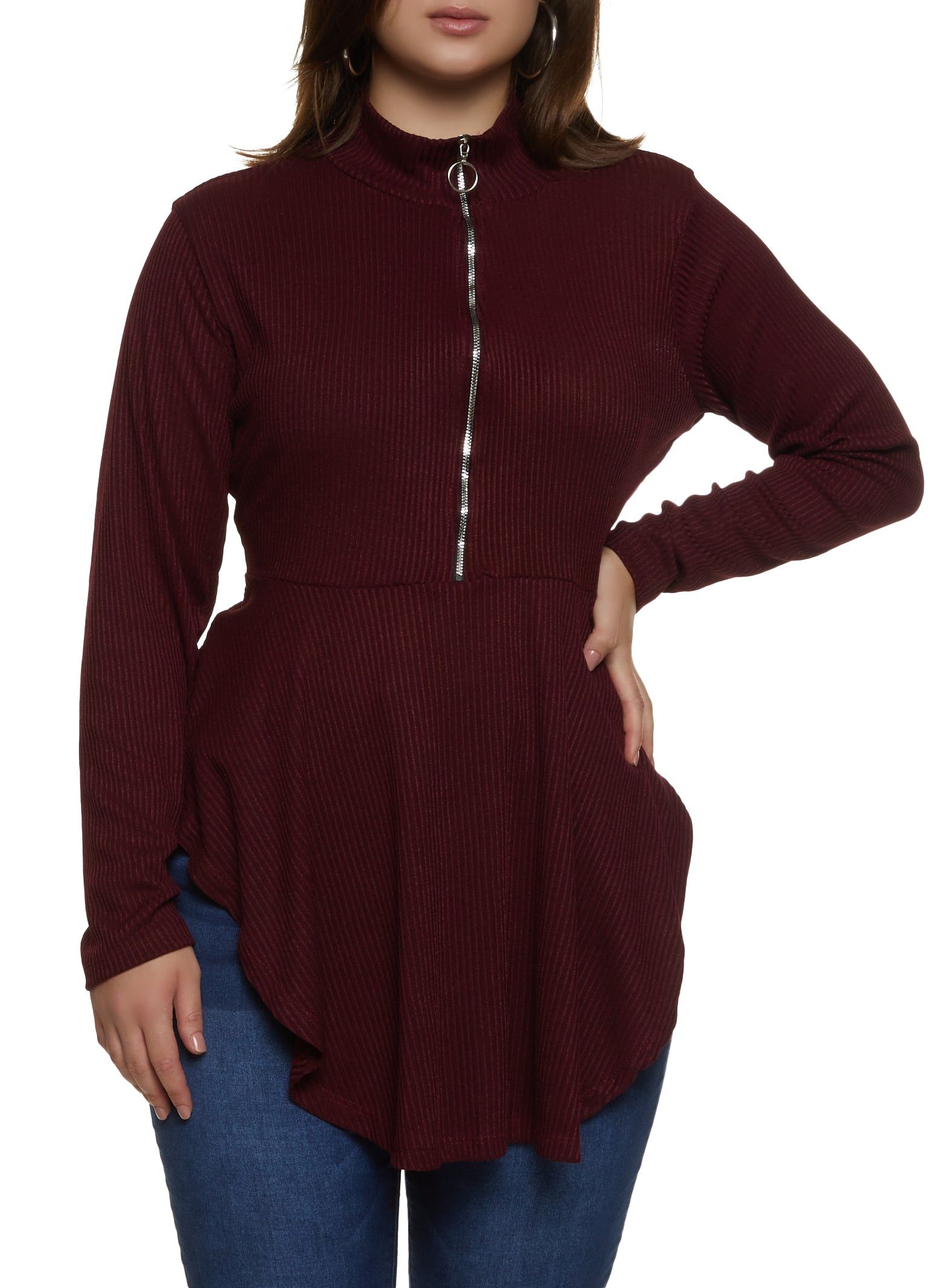 Plus Size Half Zip Hanky Hem Top sold by Rainbow