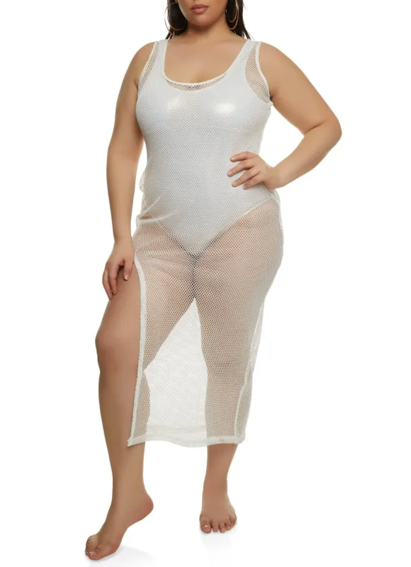 Plus Size Reversible High Slit Fishnet Cover Up Dress sold by Rainbow