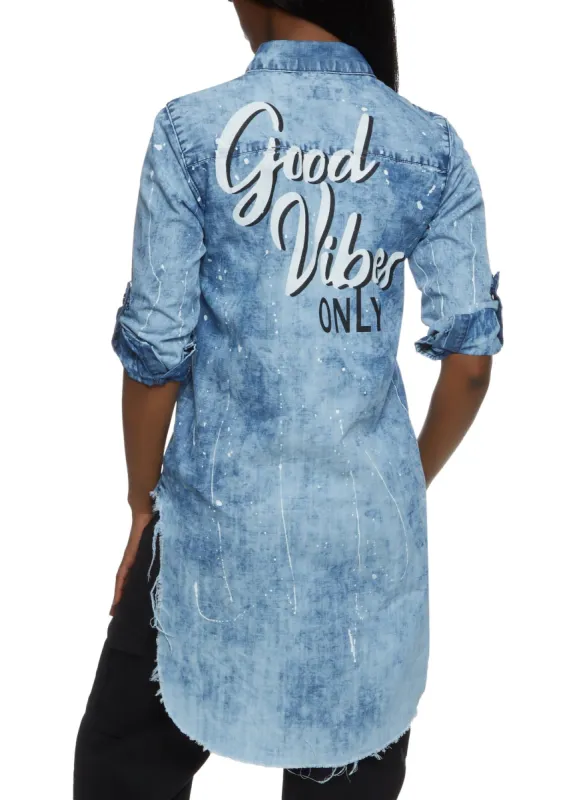 Good Vibes Only Denim High Low Shirt sold by Rainbow