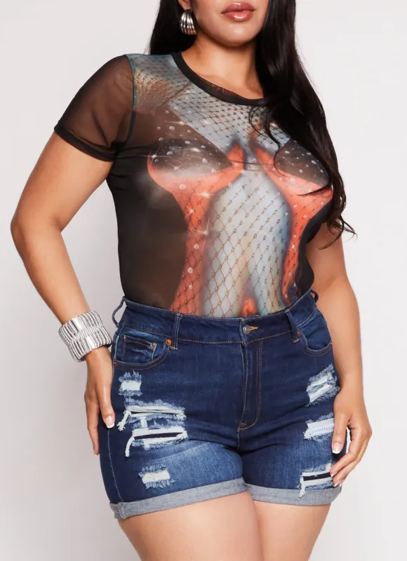 Plus Size Body Heat Rhinestone Illusion Print Mesh Top sold by Rainbow