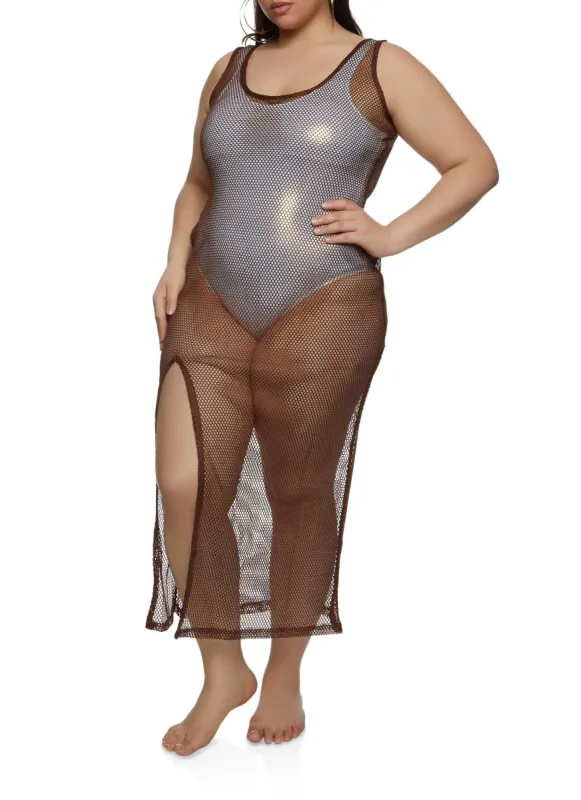 Plus Size Reversible High Slit Fishnet Cover Up Dress sold by Rainbow