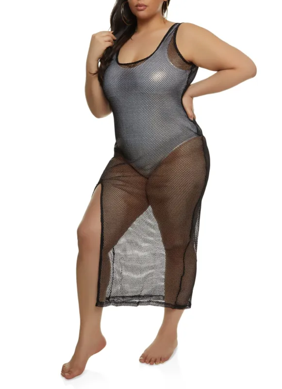 Plus Size Reversible High Slit Fishnet Cover Up Dress sold by Rainbow