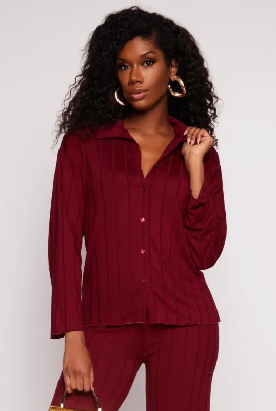 Ribbed Button Front Long Sleeve Shirt sold by Rainbow