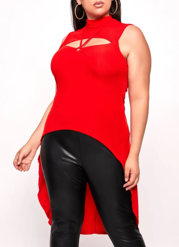 Plus Size Ribbed O Ring Cut Out High Hem Top sold by Rainbow