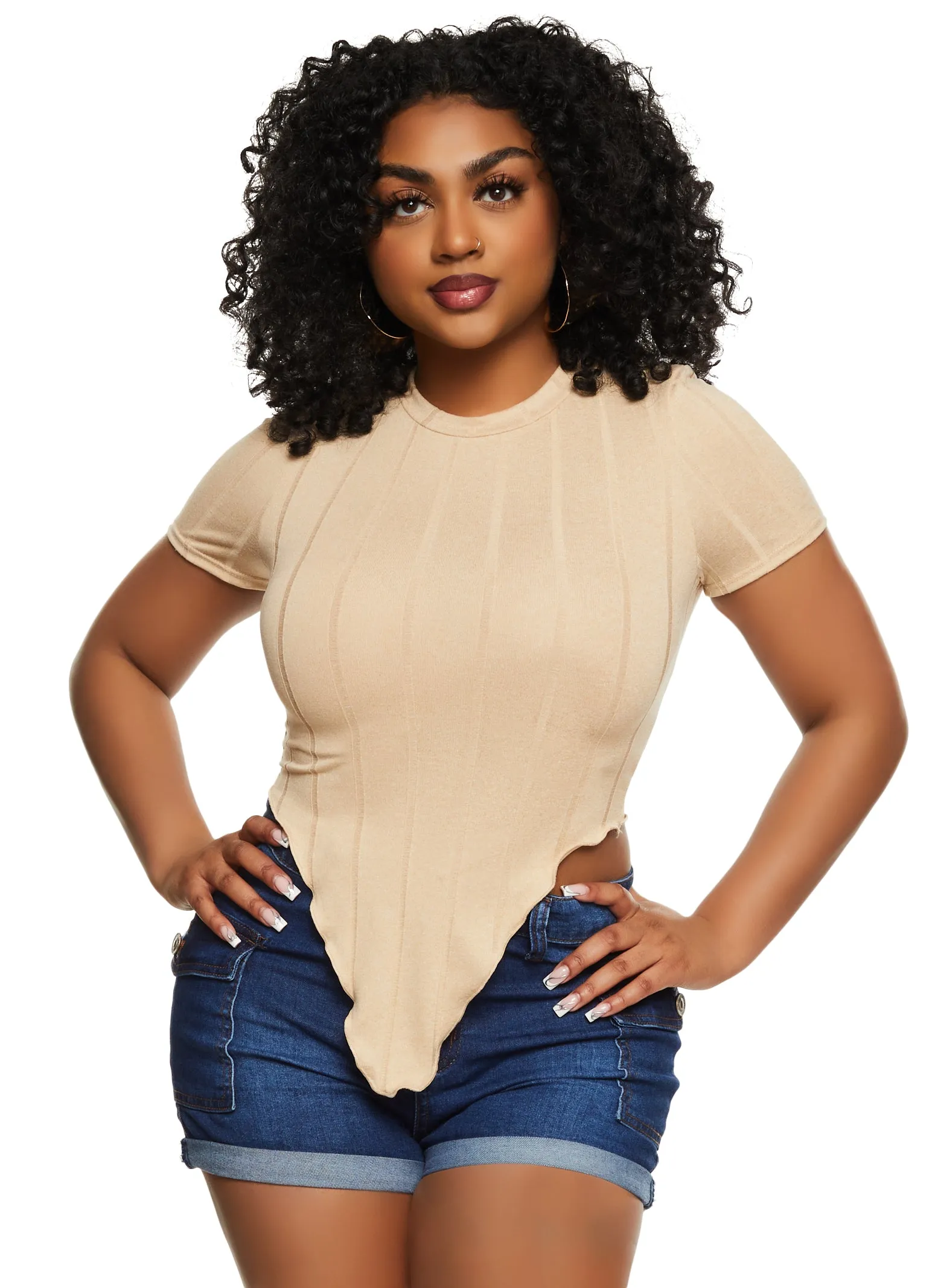 Ribbed Crew Neck Hanky Hem Tee sold by Rainbow