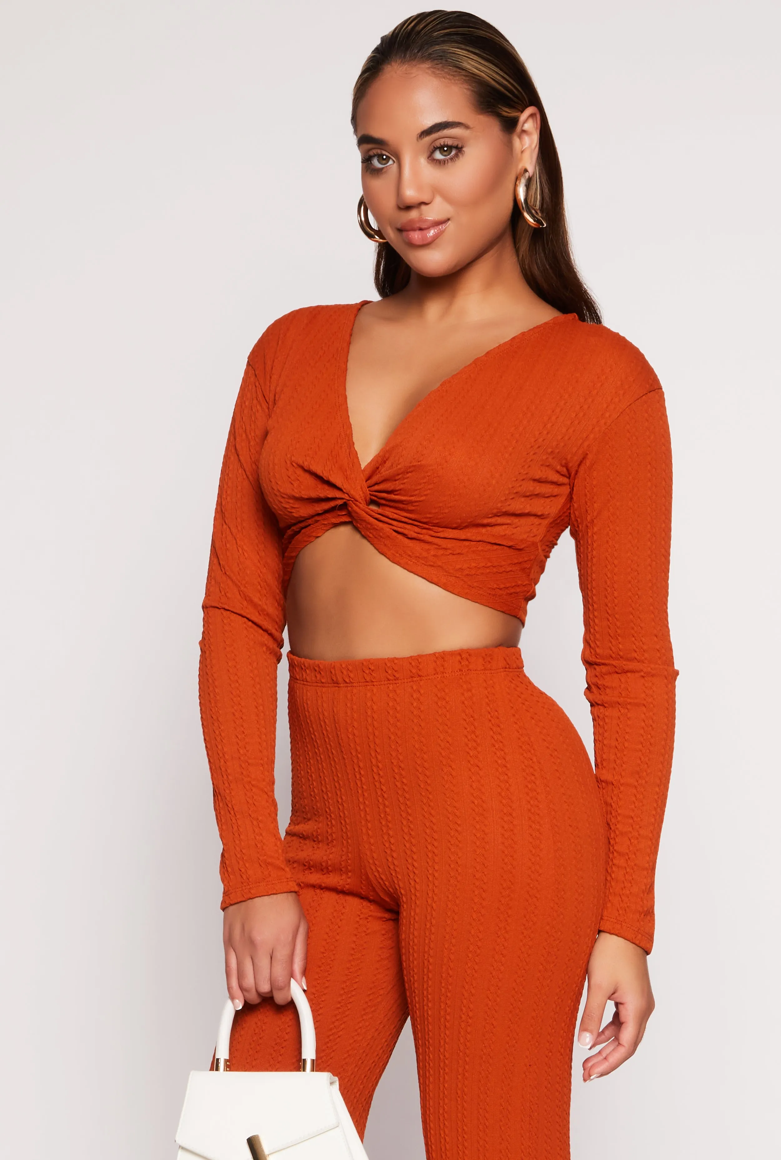 Textured Knit Twist Front Crop Top sold by Rainbow