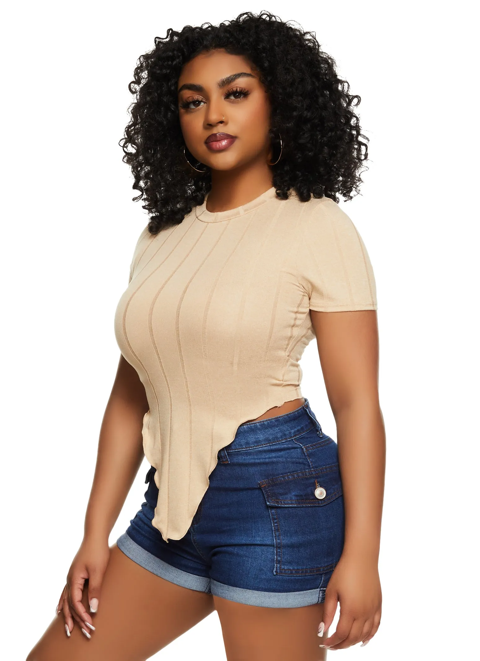 Ribbed Crew Neck Hanky Hem Tee sold by Rainbow product image thumbnail 2