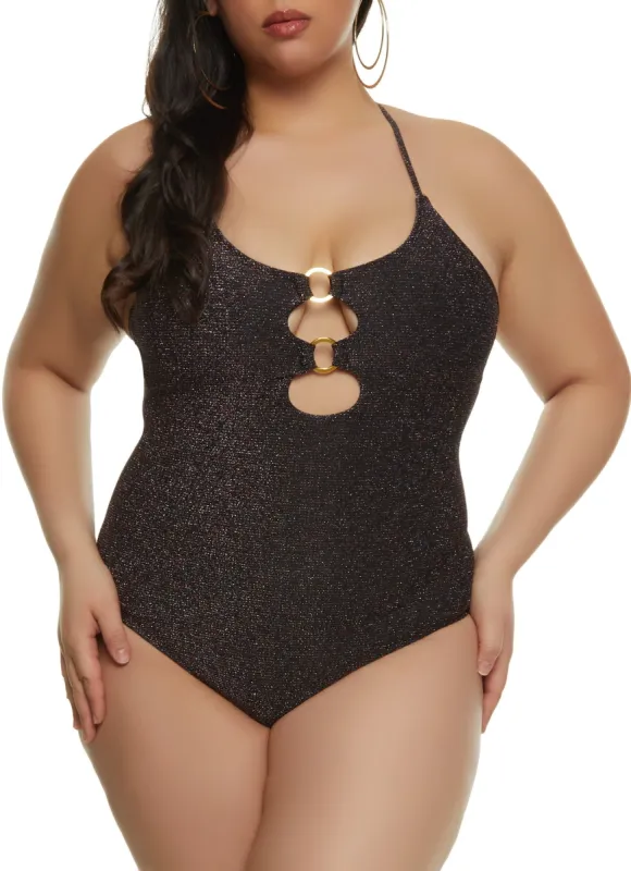 Plus Size Cut Out Double O Ring One Piece Swimsuit sold by Rainbow