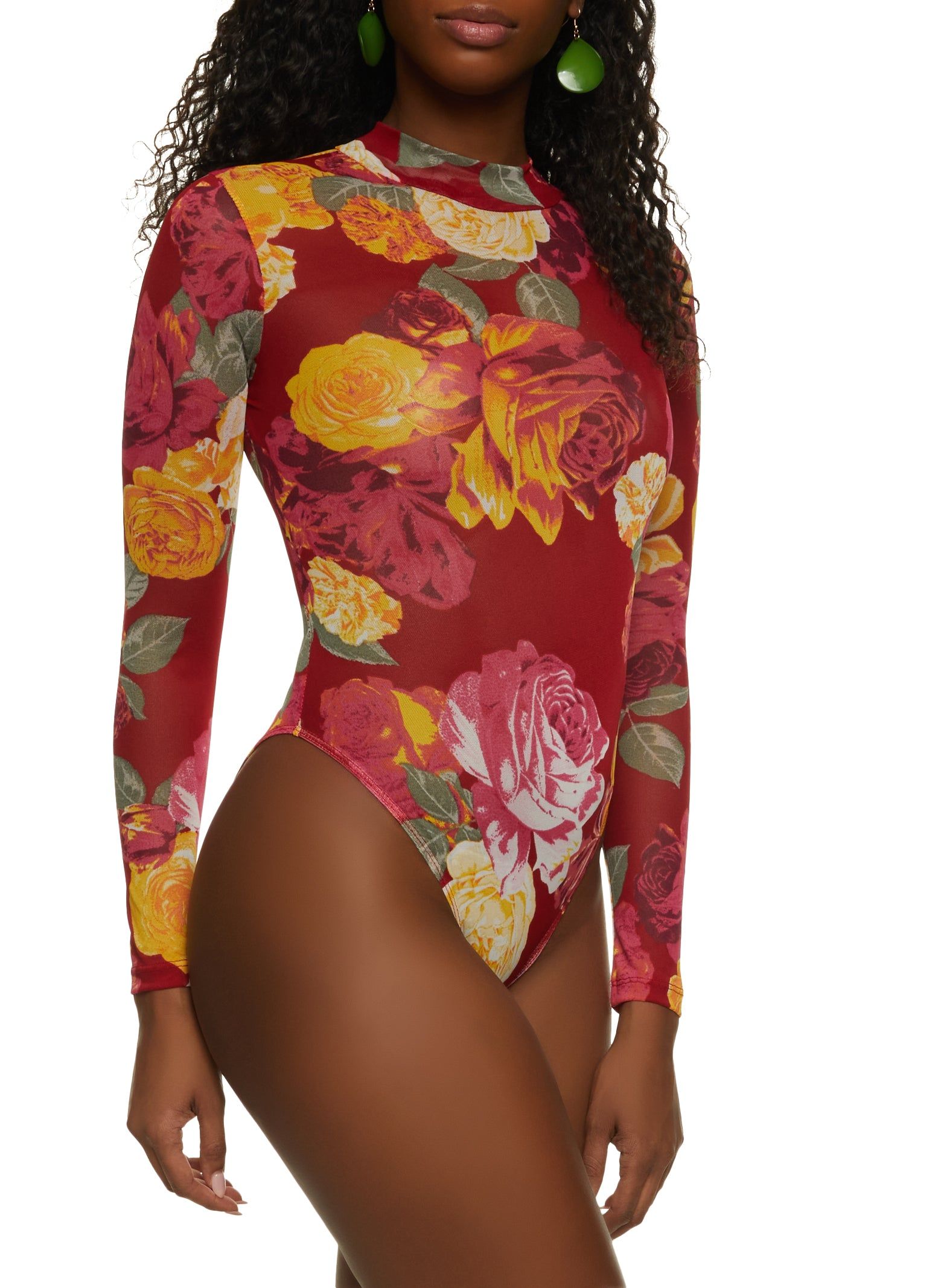 Printed Mesh Mock Neck Bodysuit sold by Rainbow