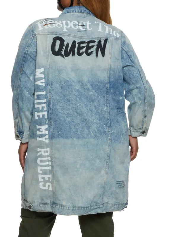 Plus Size Graphic Print Acid Wash Long Jean Jacket sold by Rainbow