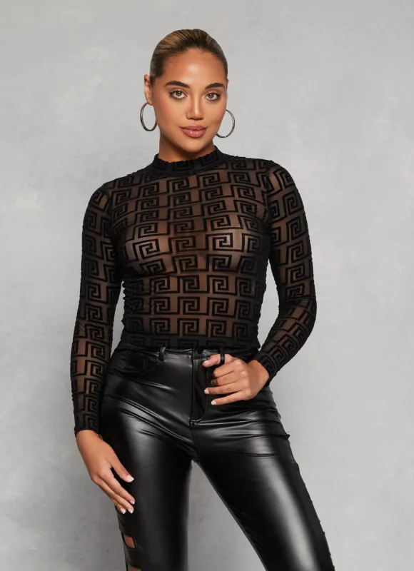 Patterned Velvet Burnout Mesh Top sold by Rainbow