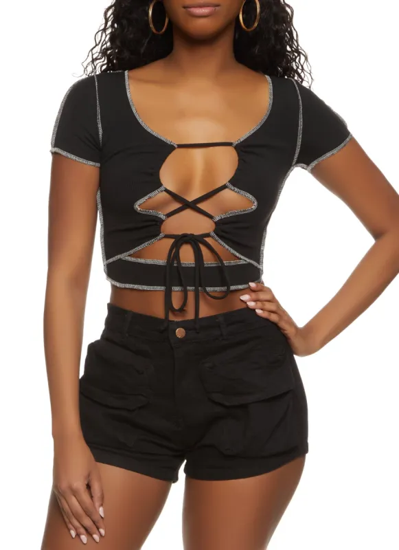 Contrast Stitch Lace Up Crop Top sold by Rainbow