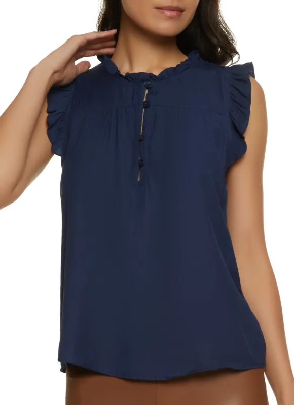 Sleeveless Half Button Ruffle Trim Blouse sold by Rainbow