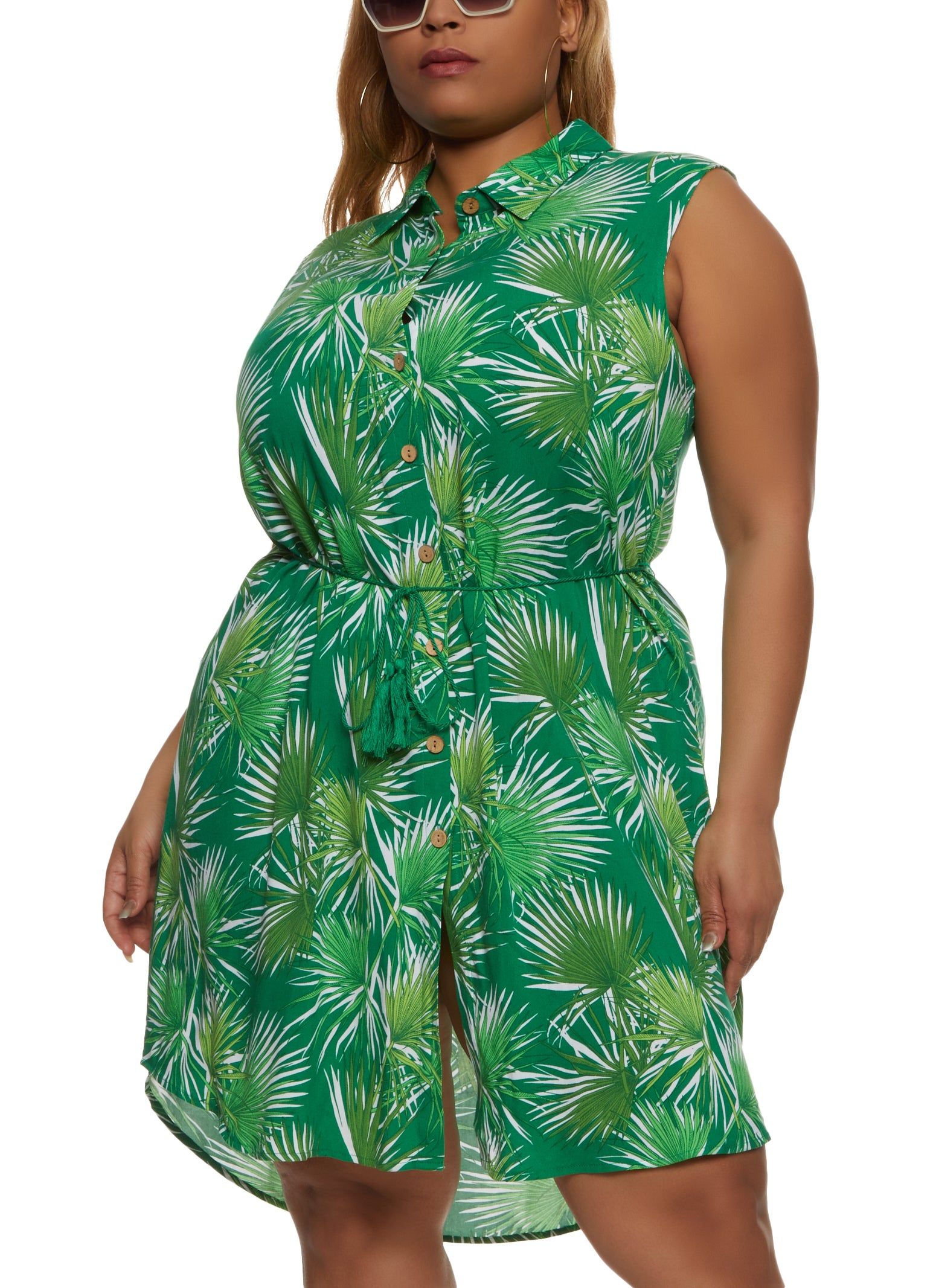 Plus Size Sleeveless Palm Printed Button Front Shirt Dress sold by Rainbow