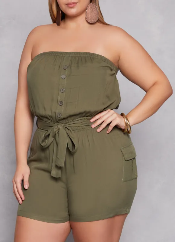 Plus Size Faux Button Smocked Tie Waist Romper sold by Rainbow