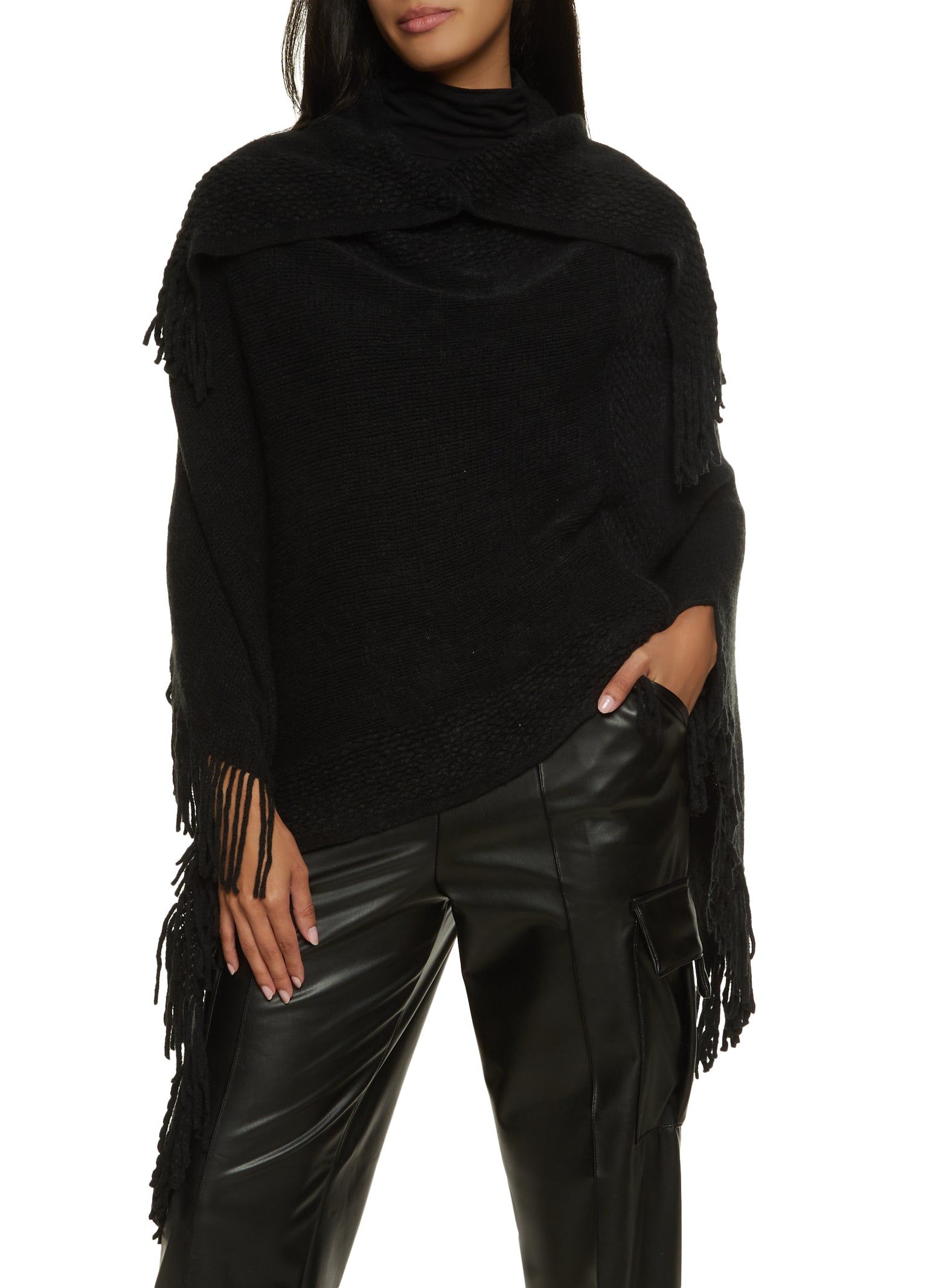 Collared Fringe Hem Asymmetrical Poncho sold by Rainbow