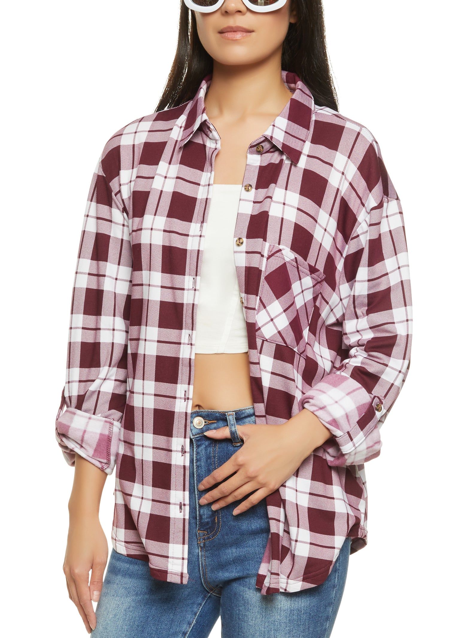 Plaid Button Front Tabbed Sleeve Shirt sold by Rainbow