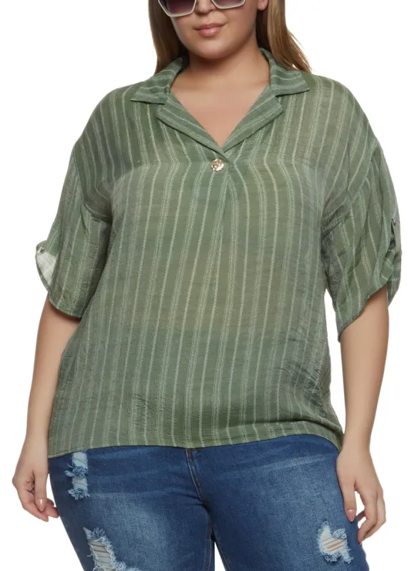 Plus Size Striped Gauze Knit Tabbed Sleeve Shirt sold by Rainbow