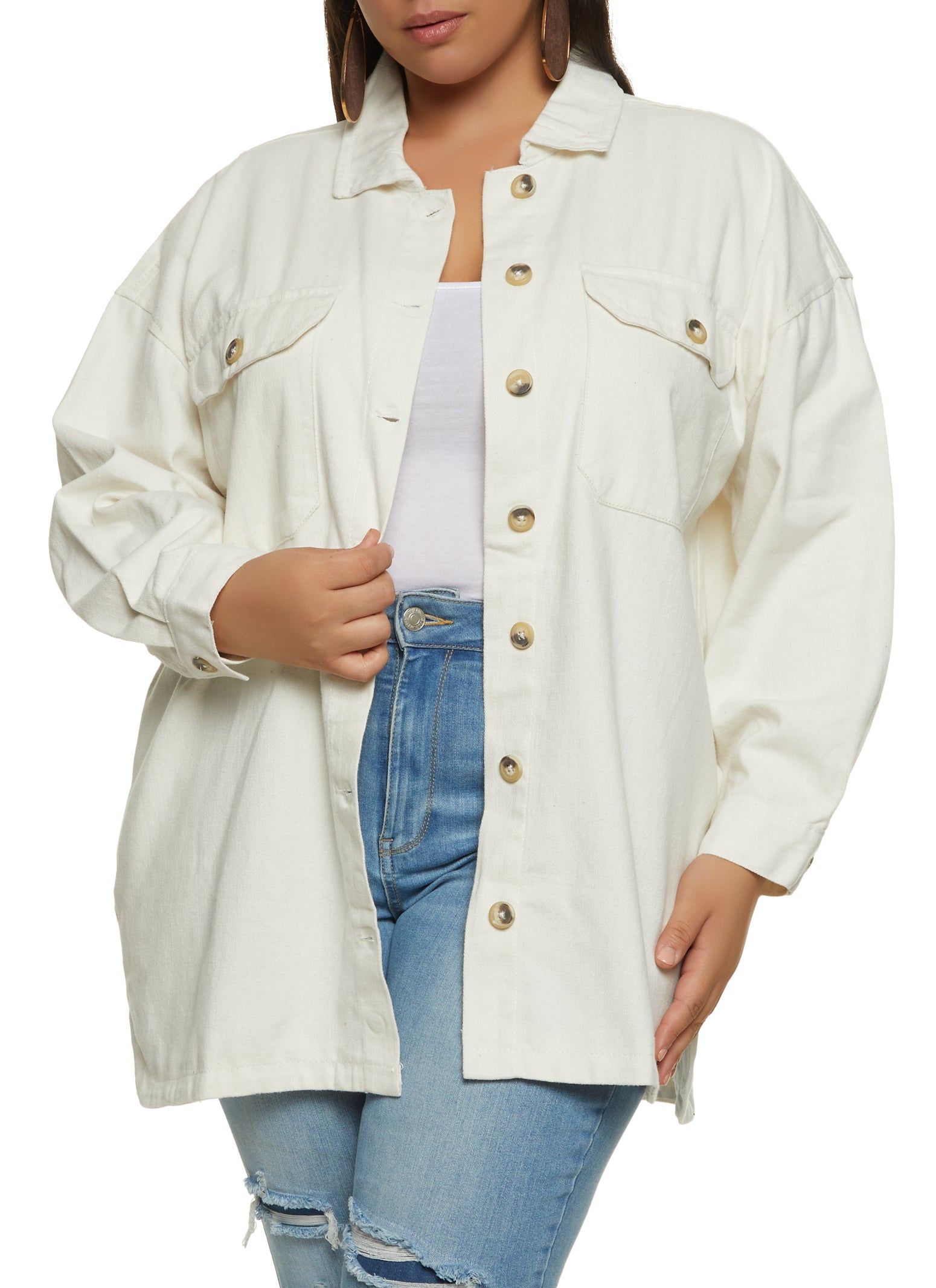 Plus Size Twill Button Front Shacket sold by Rainbow
