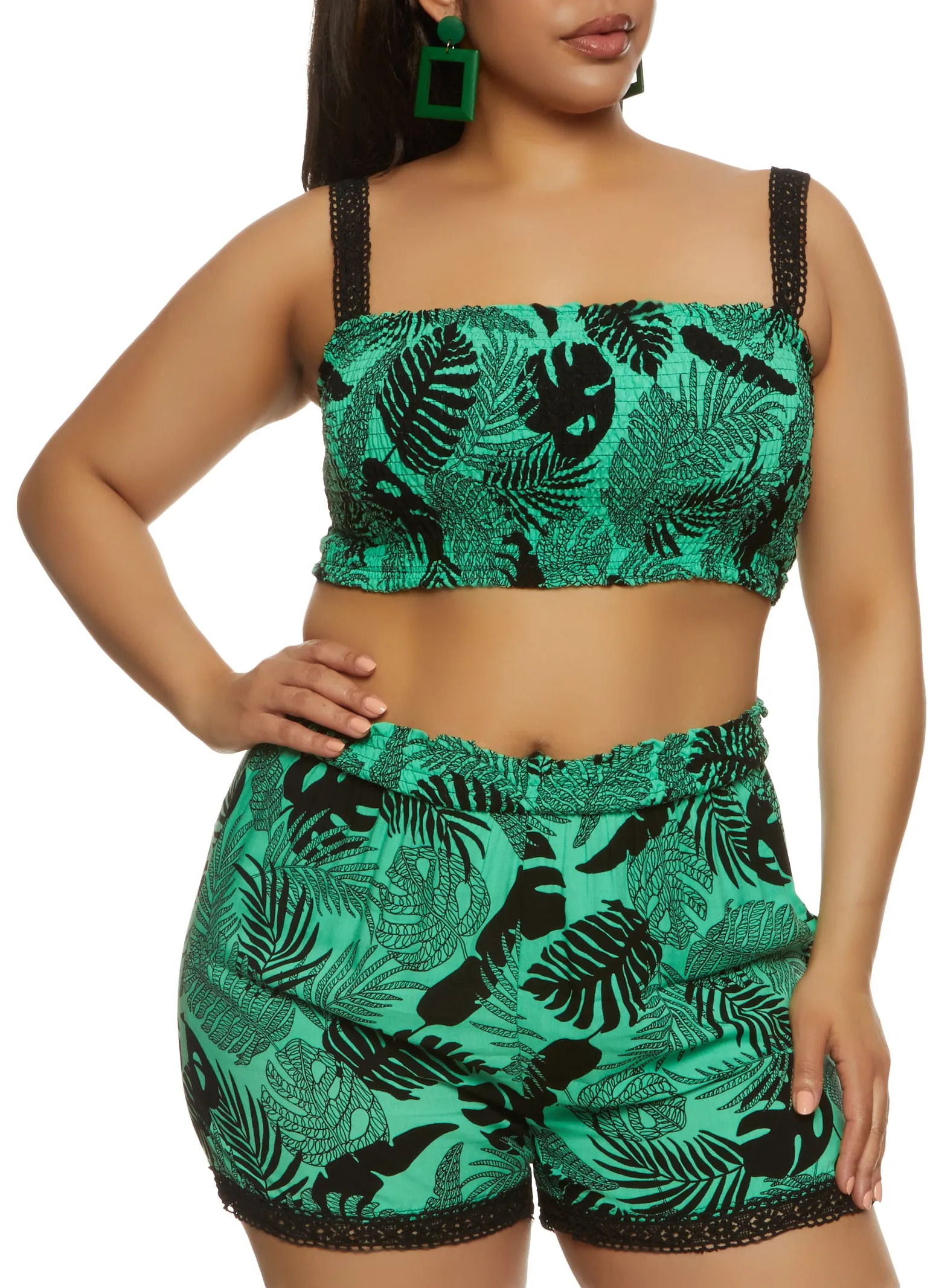 Plus Size Tropical Print Smocked Crop Top sold by Rainbow