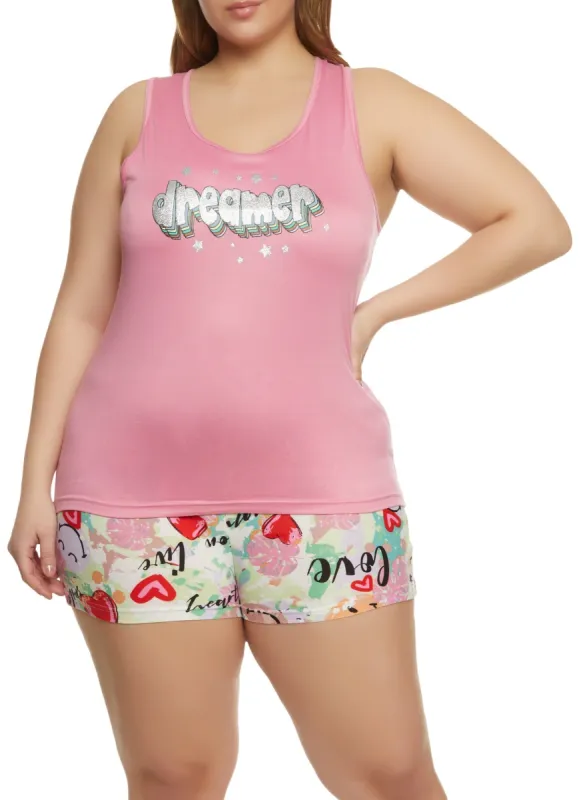 Plus Size Dreamer Glitter Graphic Pajama Tank Top and Shorts sold by Rainbow