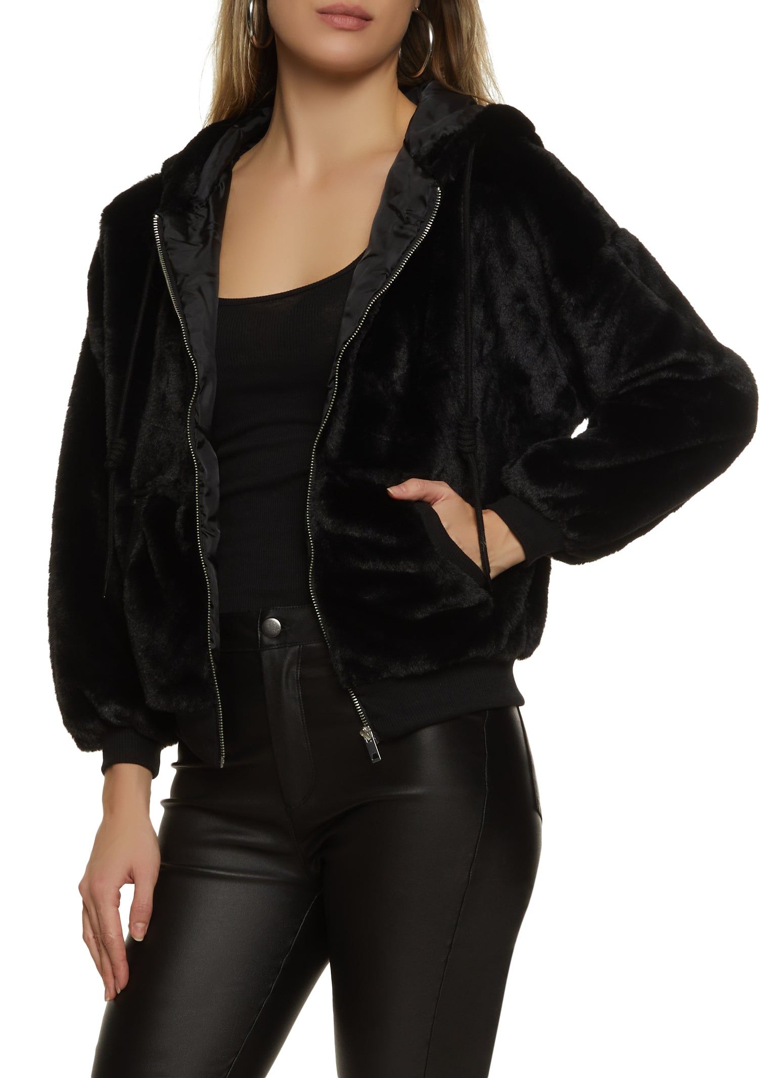 Faux Fur Zip Front Hooded Jacket sold by Rainbow