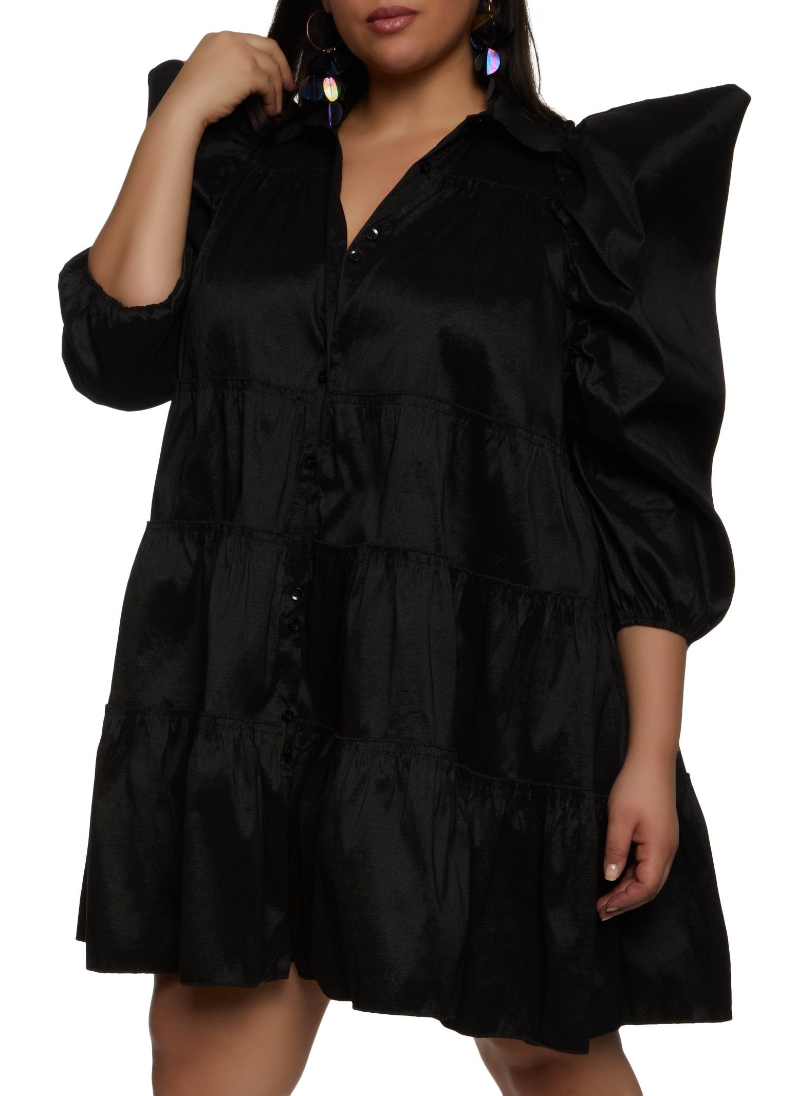 Plus Size Puff Sleeve Tiered Mini Shirt Dress sold by Rainbow